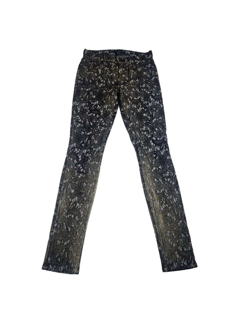 Seven for All Mankind Floral Lace Metallic Black Gold Skinny Pants Womens Size 2